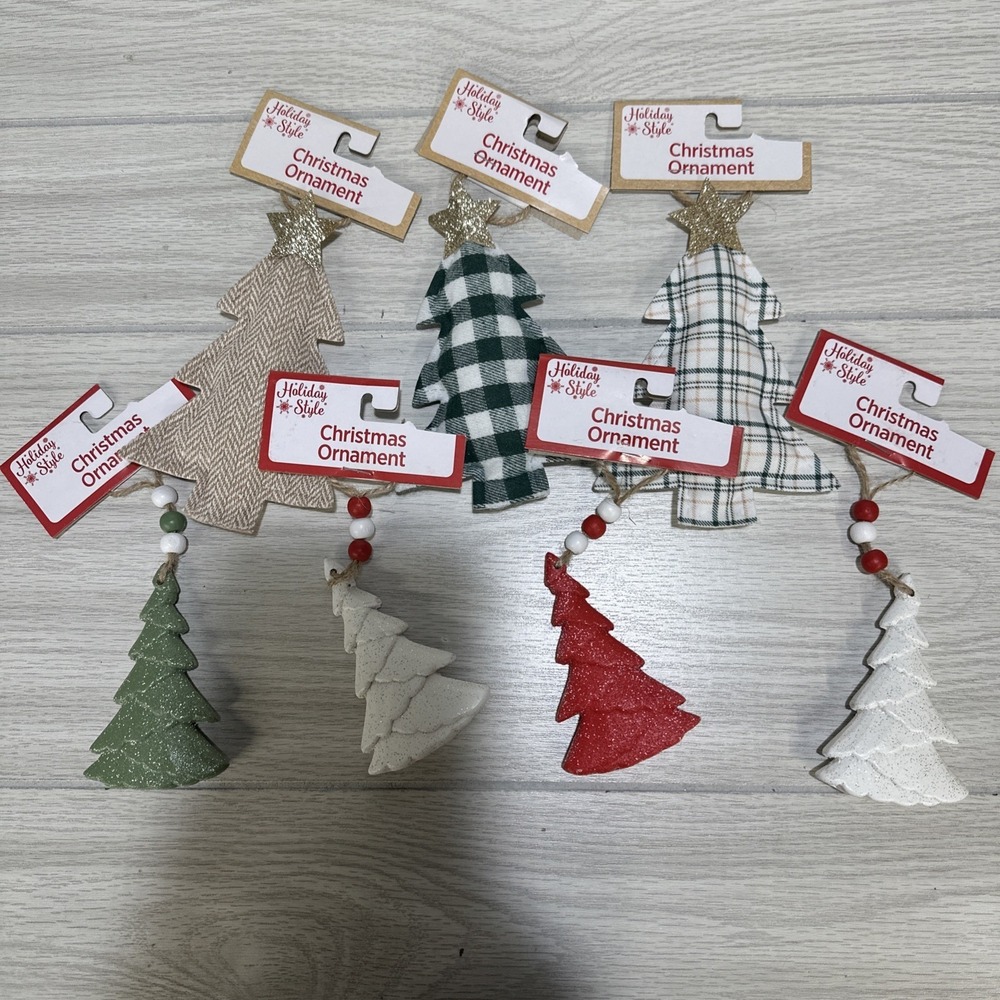 Fabric Christmas Tree (Set of 3) 6x4" & Ceramic Christmas Tree (Set of 4) 5x2.5"